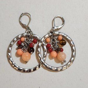 Silver Tone Beaded Dangle Hoop Earrings